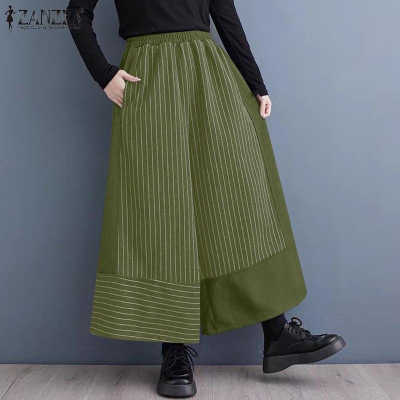ZANZEA Women Fashion Elastic Waist Striped Loose Wide Leg Pants