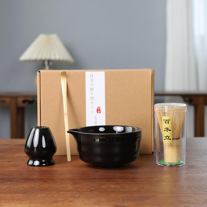 4Pcs Japanese Matcha Set Bamboo Whisk Teaspoon Ceramic Bowl Tranditional Tea Set Home Tea-Making Tools Accessories Birthday Gift