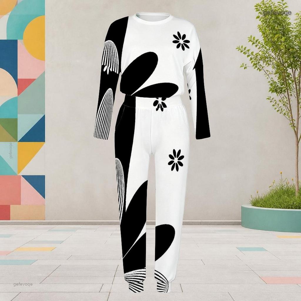 Women Plus Size Round Neck Long Sleeve Printed Two Piece Set Black White Cuffed Top Cuffed Pants With Pockets