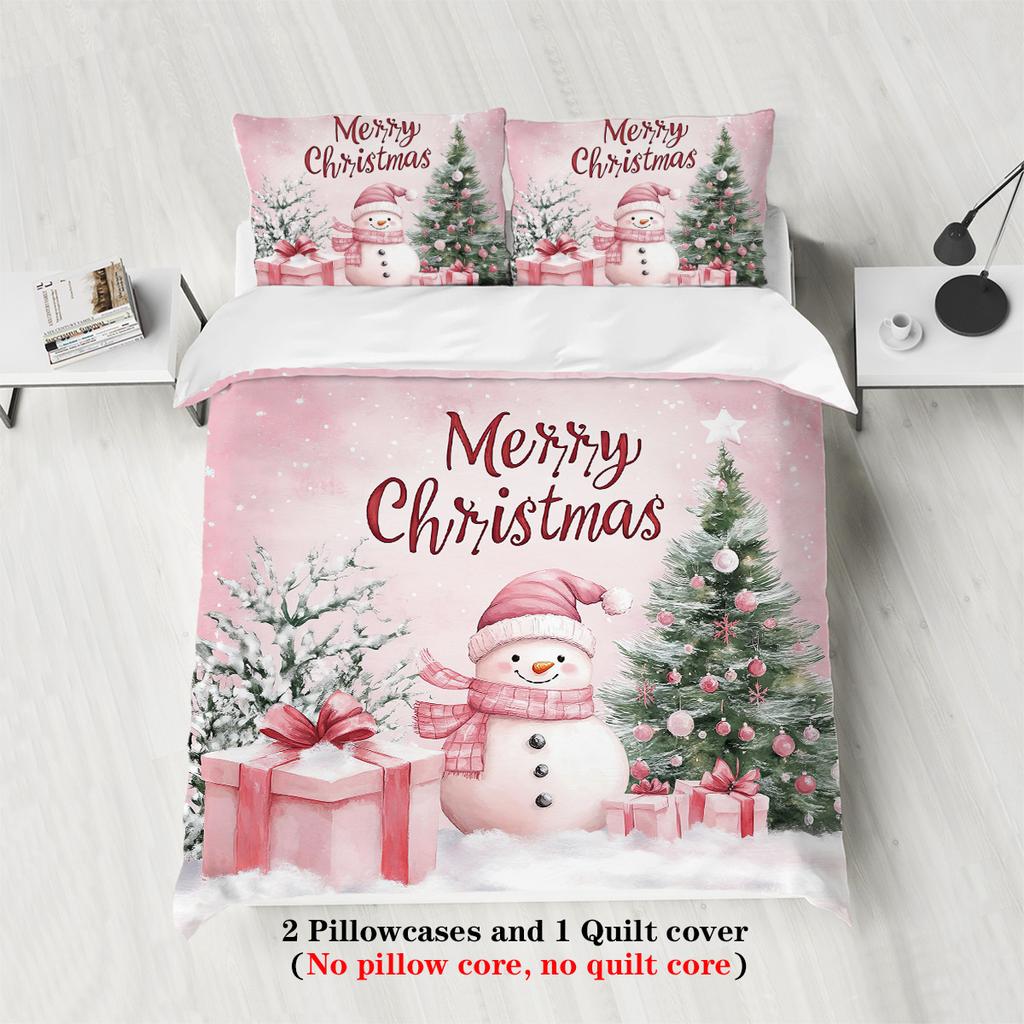 3-piece Christmas themed Santa Claus snowman print (1 duvet cover+2 pillowcases, no core) soft bedding set