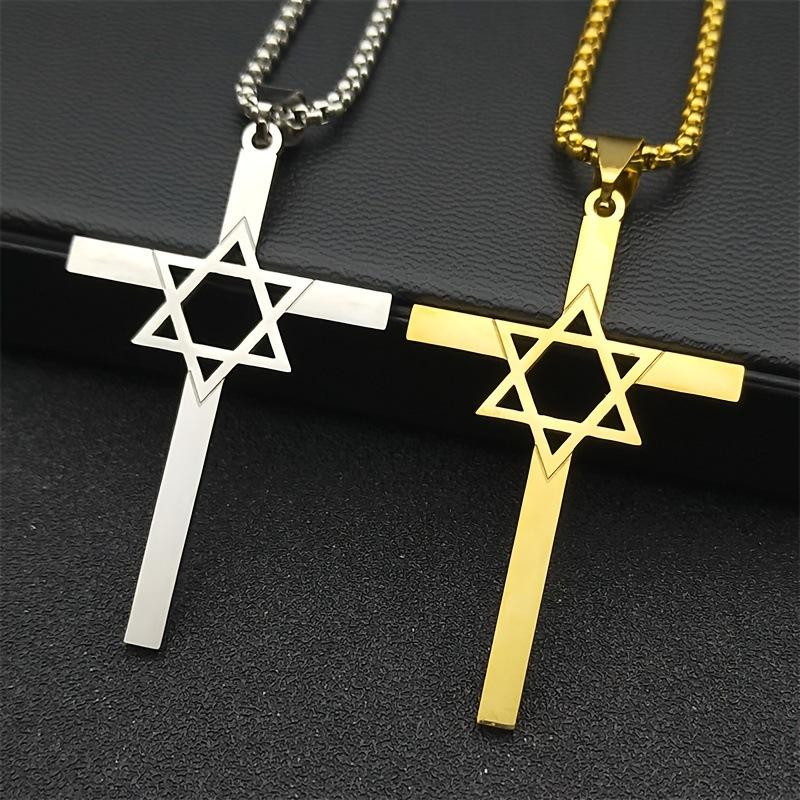 Personalisierte Modische Glatte Oberfläche Edelstahl Hohl Sechsspitziger Stern Kreuz Halskette