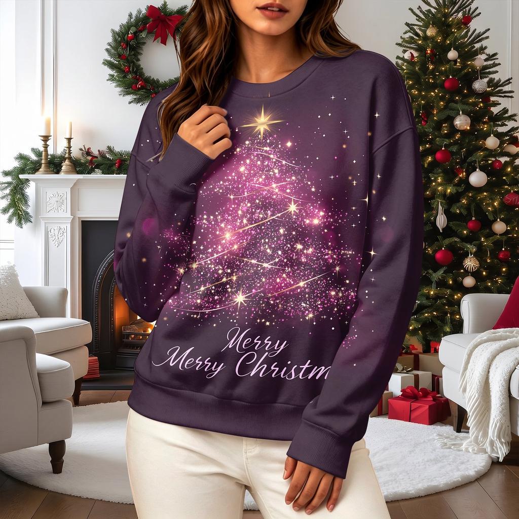 Women's Casual Long Sleeve Christmas Graphic Crewneck Sweatshirt Pullover Top for Holiday Wear