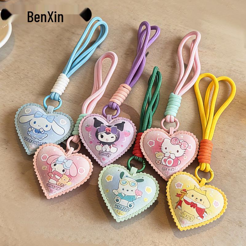 Sanrio Leather Heart Keychain: High-End Braided Rope with Cartoon Charm - Exquisite Small Gift Pendant