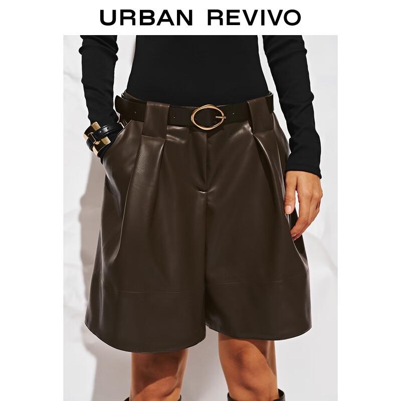 UR2025 Women's Winter Amber Flow Pleated Faux Leather Belted Shorts