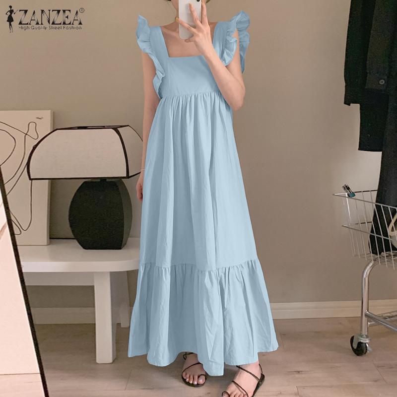 

ZANZEA Летнее повседневное женское длинное платье без рукавов с квадратным воротником, пляжное