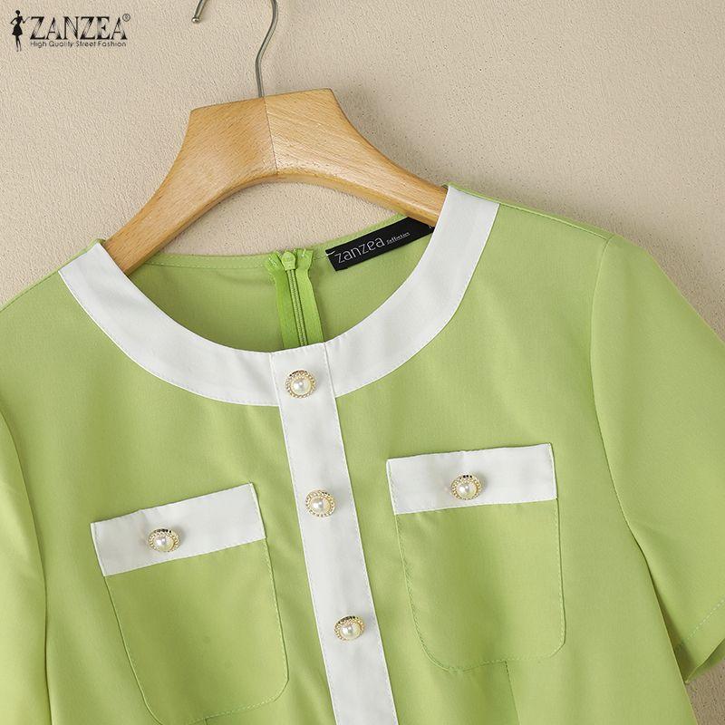 ZANZEA Women Casual Round Neck Short Sleeve Elegant Pleated Dress