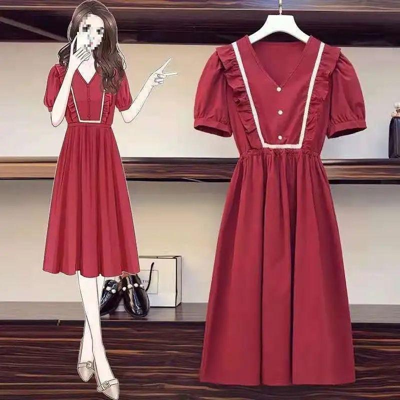 Forest-Style Puff Sleeve A-Line Dress: Summer French Waist-Cinching Mid-Length Skirt with Contrasting Colors