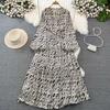 High-end Celebrity Temperament Lantern Long-sleeved V-neck Waist Thin A-word Printed Dress Elegant Pendulum Long Skirt