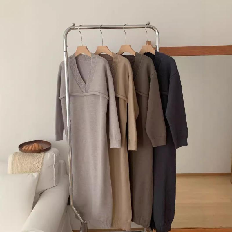 Retro long fake two-piece sweater long-sleeved dress loose and lazy style thin versatile pullover sweater women