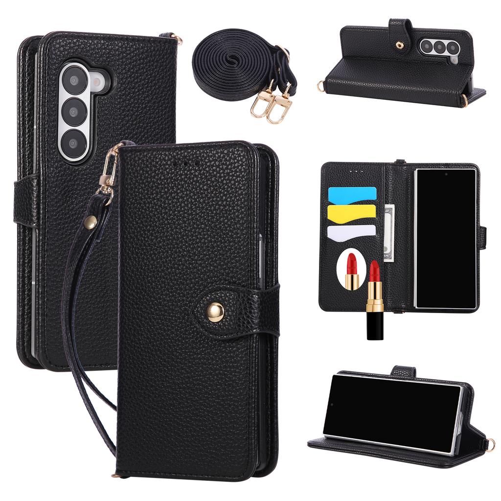 Crossbody Flip Leather Wallet Case with Mirror Card Holder Lanyard Strap Cover for Samsung Galaxy Z Fold 7 6 5 Fold7 Fold6 5G