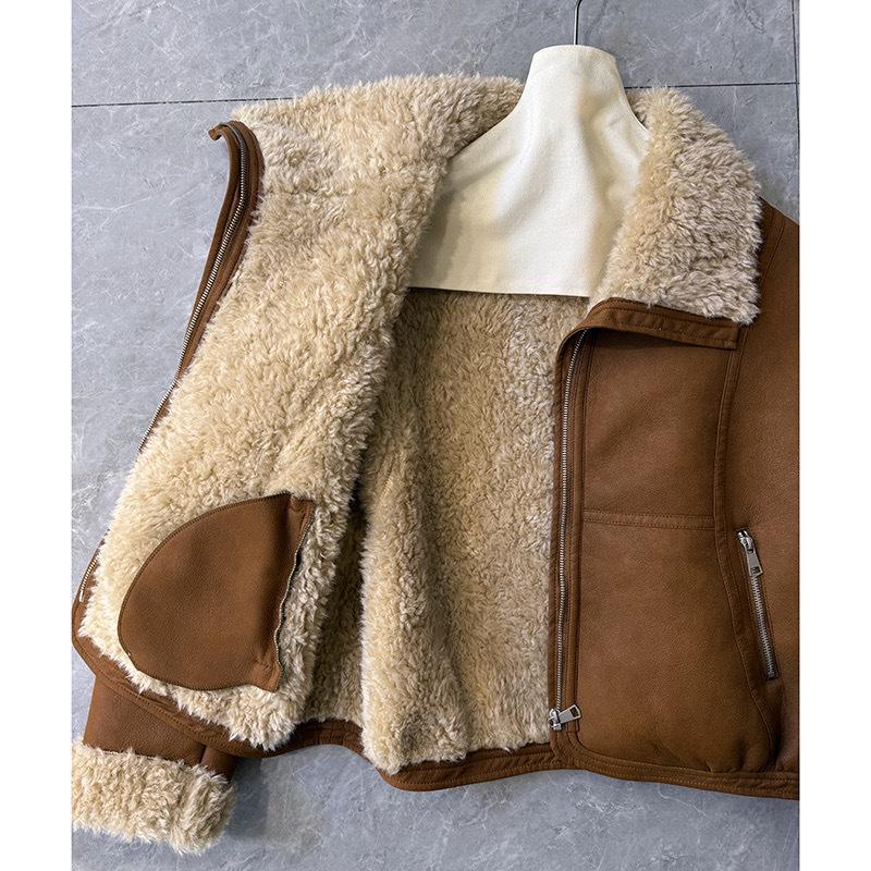 Women's 2024 Winter Korean Lapel Lambswool Fleece Short Leather Coat