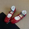 Retro Flat-soled Small Leather Shoes, Shallow Mouth Square Head Genuine Leather Mary Jane Shoes, One-word Buckle Red Small Single Shoes for Women