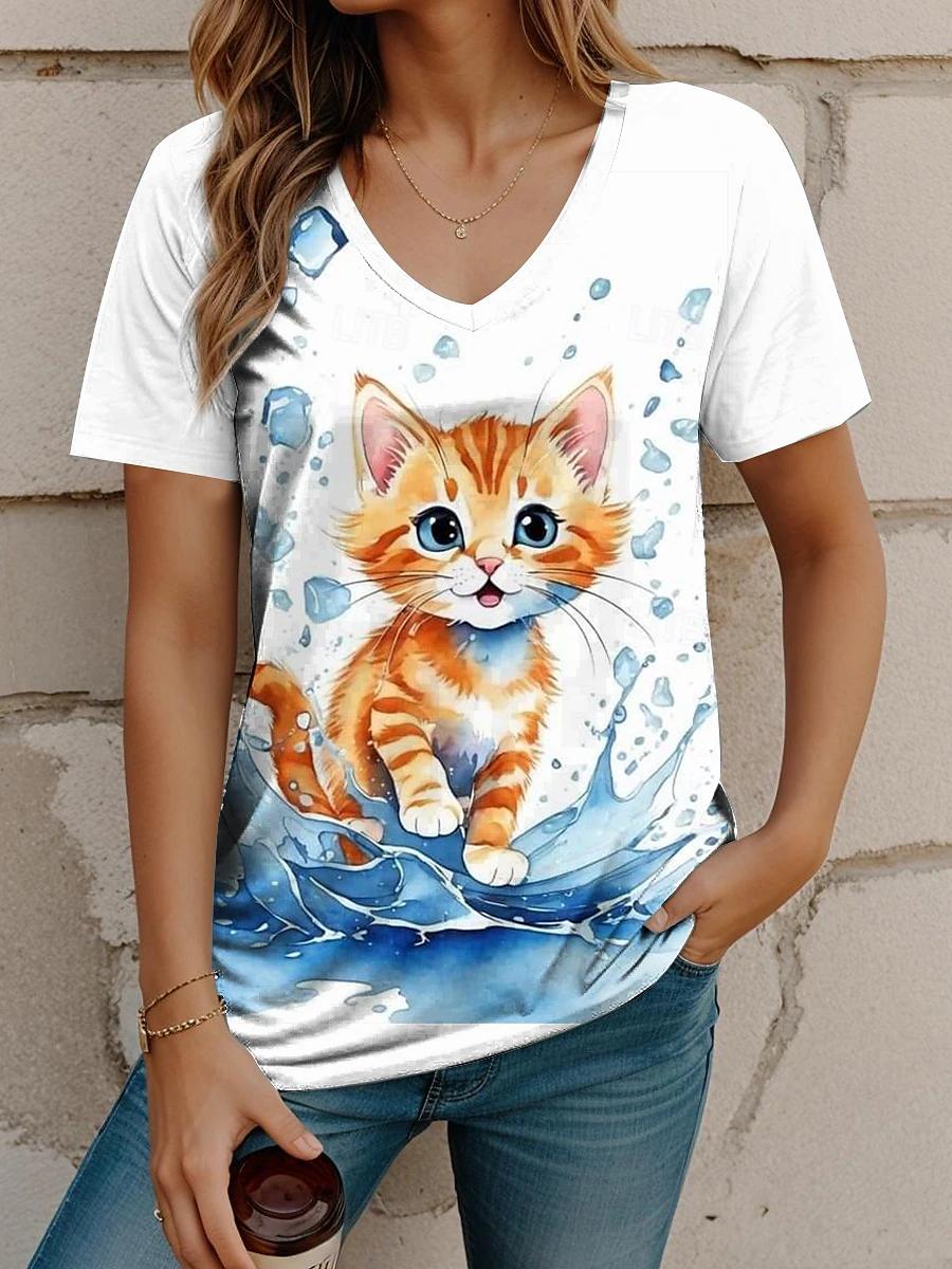 Summer Outdoor Women s Cat Print Short Sleeved T-shirt Cute Harajuku Casual V-neck Top Personalized Animal Pullover XXL