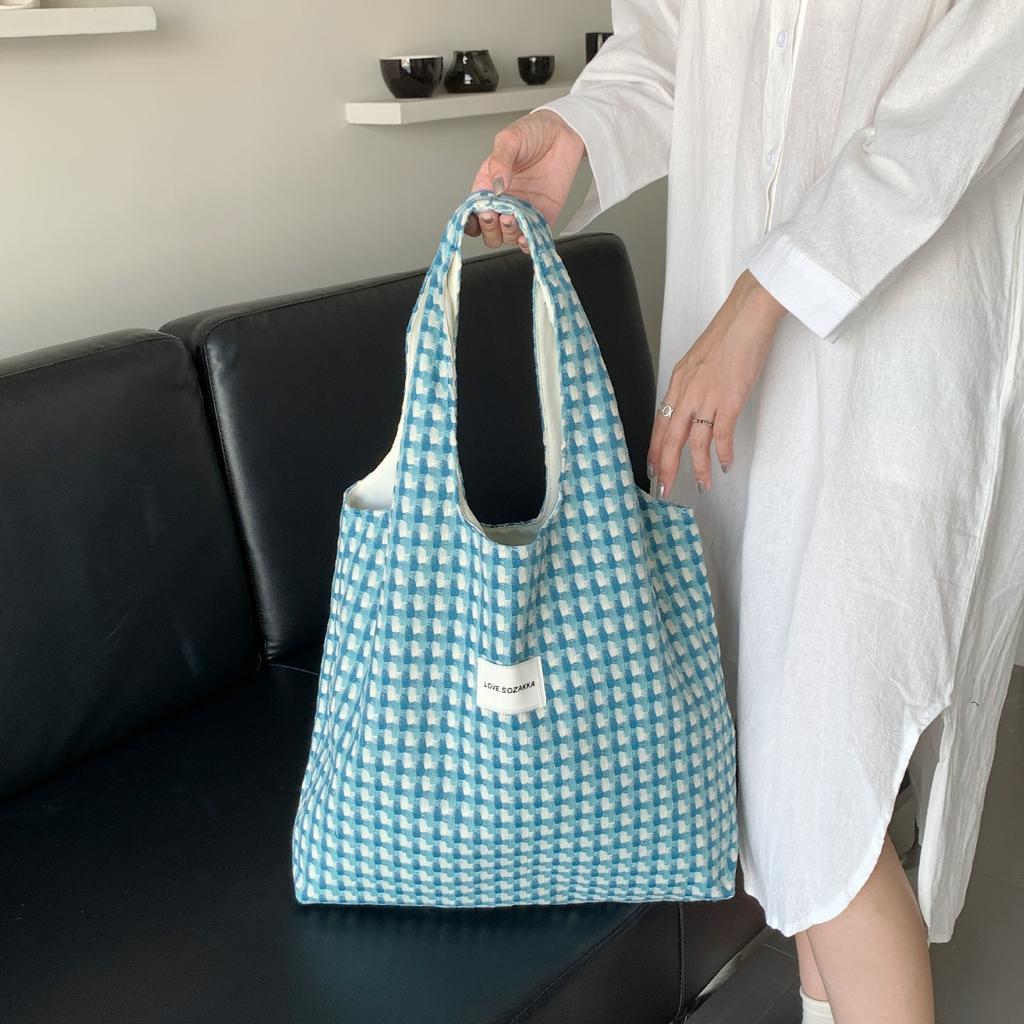Korean Refreshing Lake Blue Shopping Bags Fashion Plaid Handheld Shoulder Bag Student Class Cloth Bag