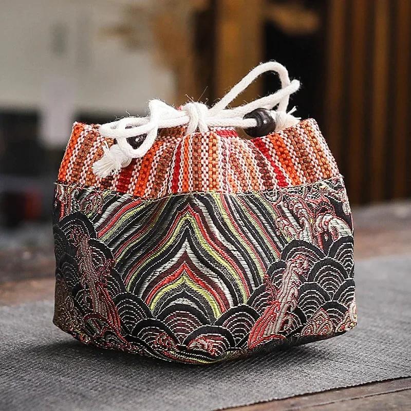 Vintage Teaware Storage Bag Outdoor Travel Ceramic Teacups Cotton and Linen Drawstring Cloth Bags Kung Fu Tea Accessories