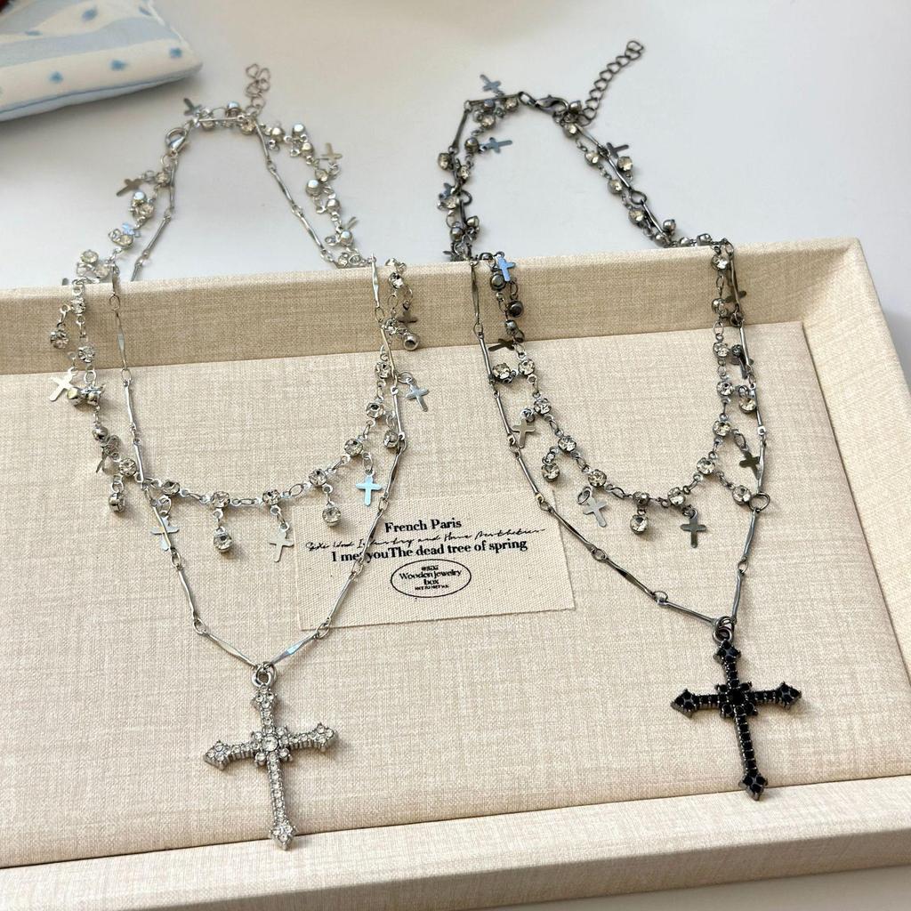 Elegant Diamond Cross Pendant Necklace - Trendy Multi-Layered Clavicle Chain for Women