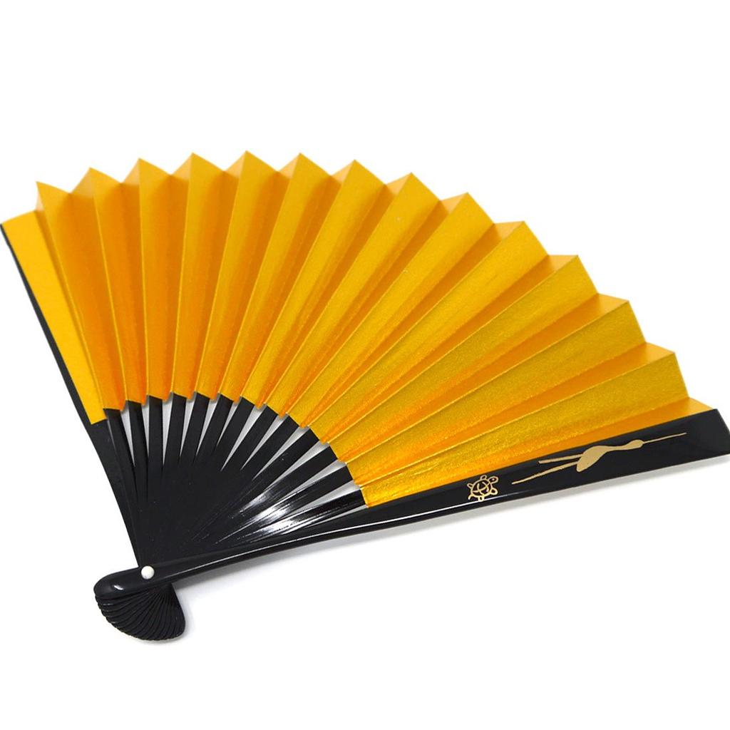 Kimono Formal Suehiro Folding Fan with Crane and Turtle Gold and Black Gold and Silver Style [Stylish Iroha] Design, Silver, Lacquer, Maki-e