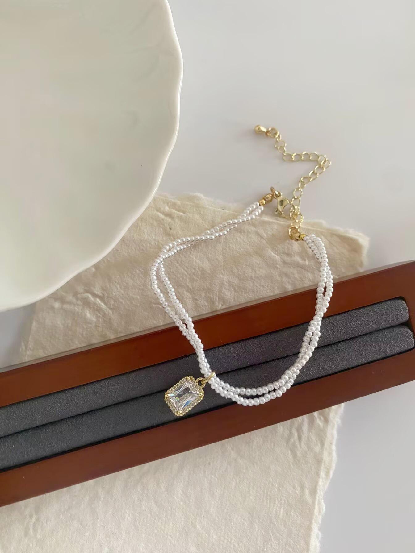 Elegant Double-Layer Pearl & Zircon Necklace with Bracelet Set