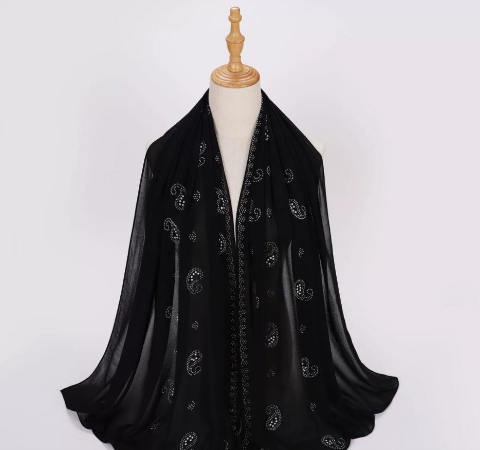Fashion Muslim Chiffon Hijab With Rhinestones Diamonds Solid Headscarf Wraps Ramadan Islam Scarf For Women Turban Headband