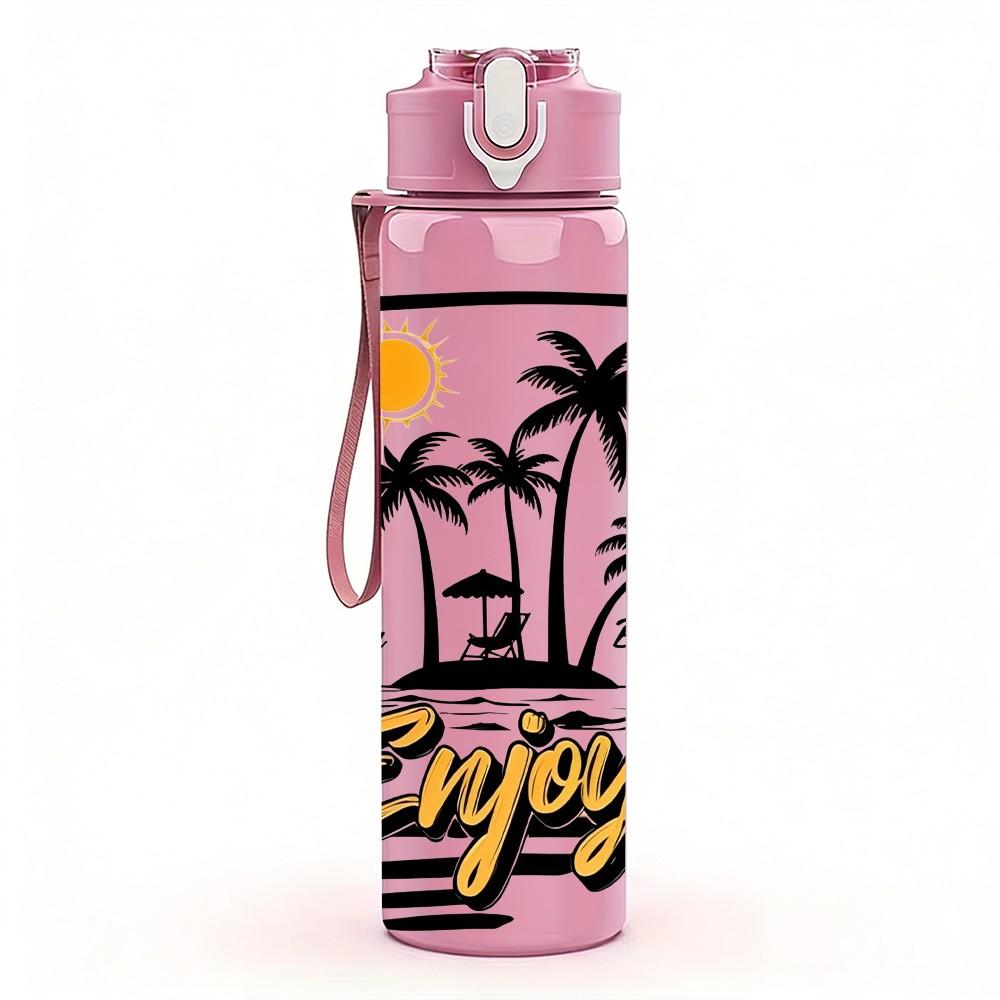 1PC Enjoy Beach Palm Tree 750ml Color Plastic Sports Water Bottle Leakproof Flip Straw Lid Suitable for Sports Office Home Use