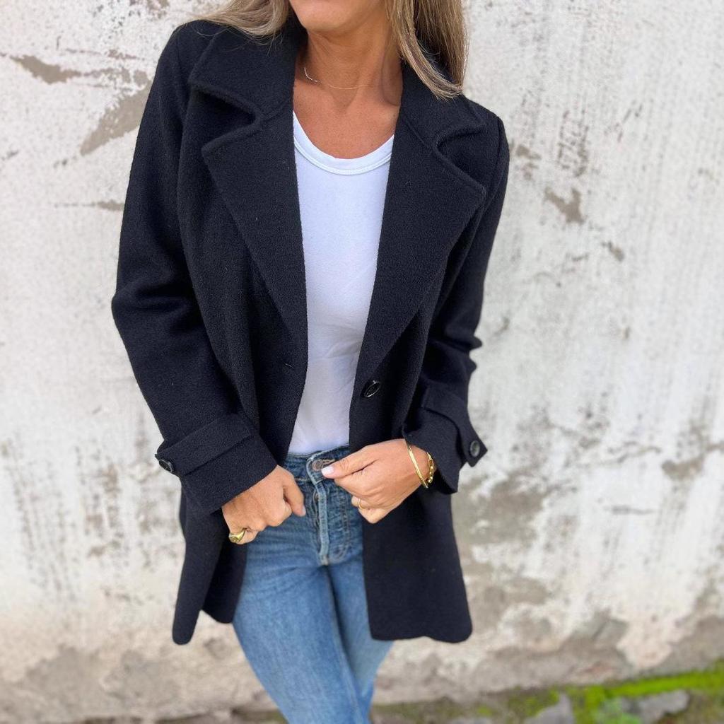 European & American Women's Woolen Coat: Casual Autumn/Winter Lapel Cardigan with Faux Pockets