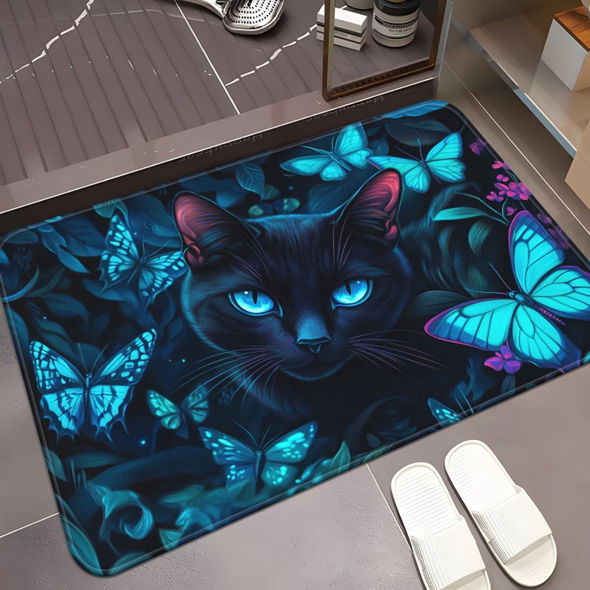 

1pc Black Cat with Blue Butterflies Doormat Non-Slip Absorbent Microfiber Rug for Bathroom Bedroom Living Room 40x60cm