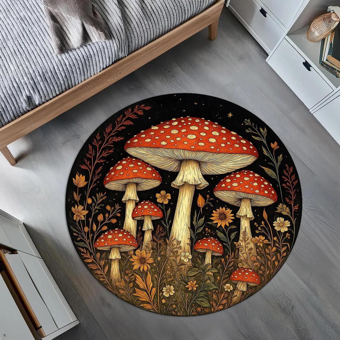 

Vintage Mushroom Circle Carpet Utility Round Rug for Living Room Bedroom Deco Kitchen Under Table Floor Mat Non Slip Vintage Rug 100cm