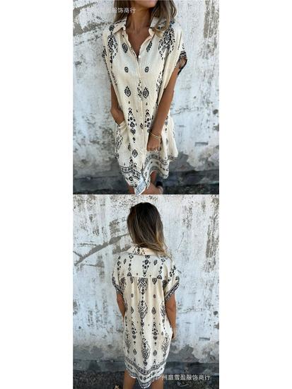 European & American Summer Casual Short-Sleeved Cotton Linen Shirt Dress with Pocket Print for Women