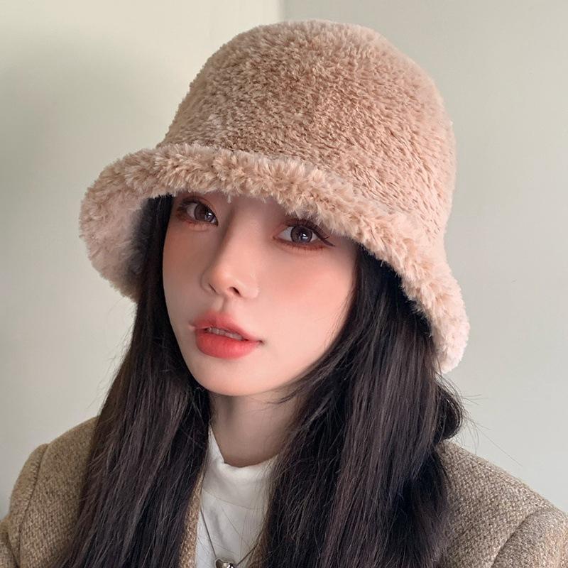 Modischer, einfarbiger Plüsch-Eimerhut, einfacher, schlichter Fischerhut, verdickte, warme Beckenhüte für Damen