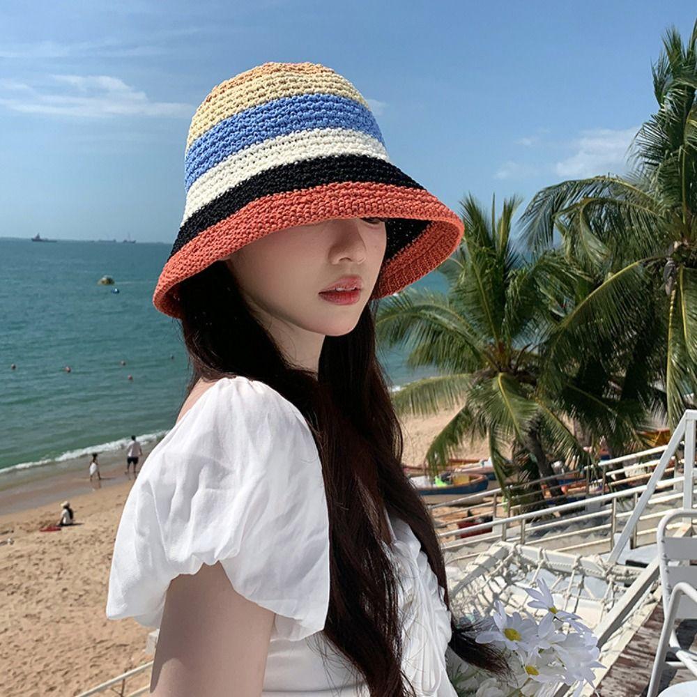 Weave Sunscreen Bucket Hat Shade Sun Caps Beach Fisherman Hat Rainbow Straw Hat  Outdoor Sports