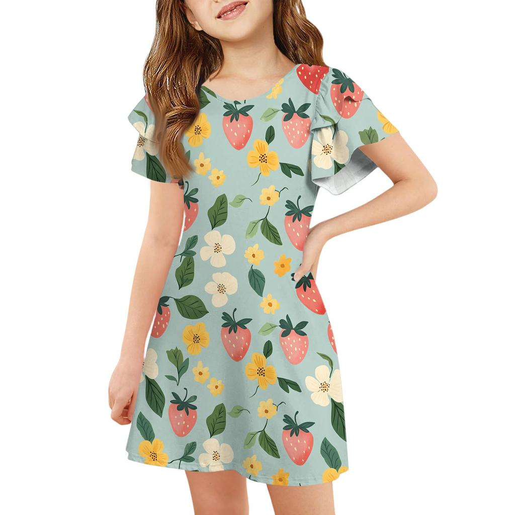 Girls' Ruffle Sleeve Dress - Round Neck Printed Sundress
