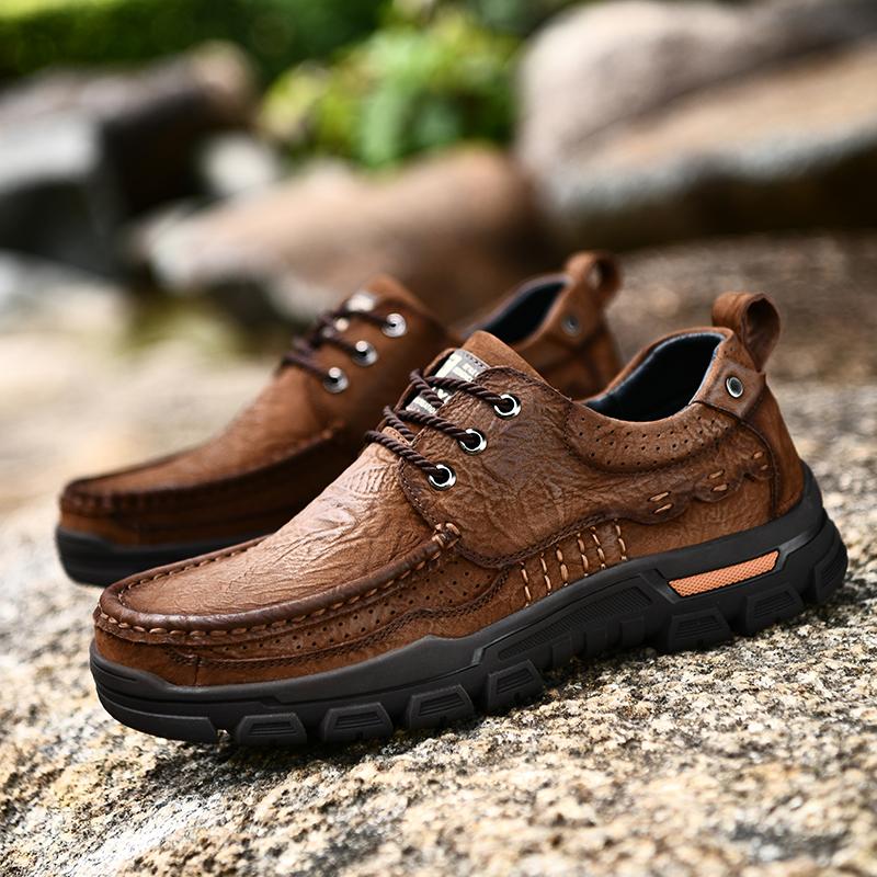 Newest Genuine Leather Men'S Shoes Fashion Tooling Men Casual Outdoor Shoes Lace-Up Non-Slip Comfortable Dad Sheos Men Jeans Boots