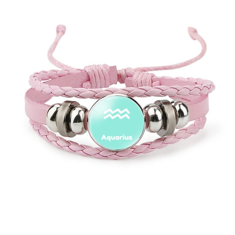 Trendy Pink Leather Braided Bracelet With Zodiac Time Gemstone For Men And Women