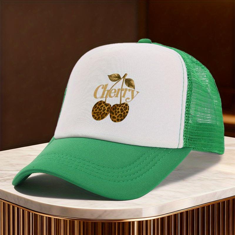 Leopard Cherry Print Trucker Hat Mesh Adjustable Baseball Cap Casual Summer Unisex