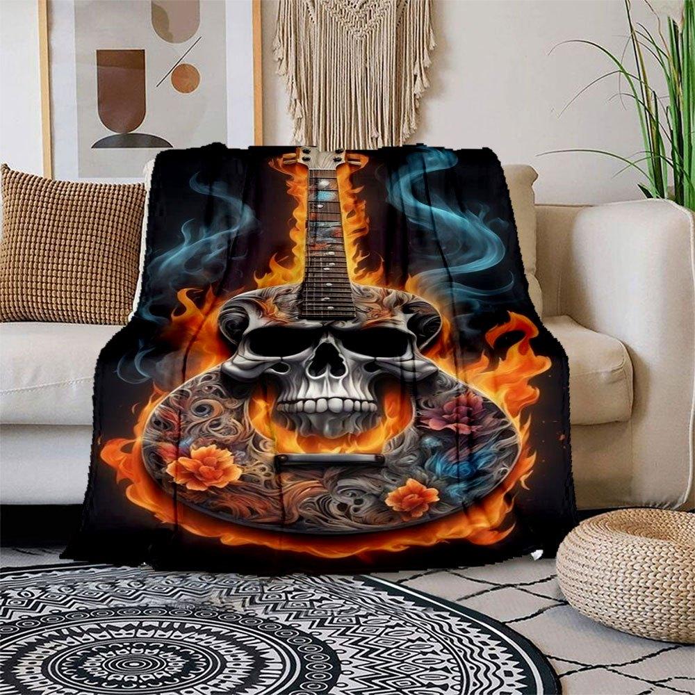 Flaming Skull Guitar Art Print - Musician GiftBlanket Flannel Throw Blanket for Sofa, Bed, Travel, Camping, Office 100x150cm
