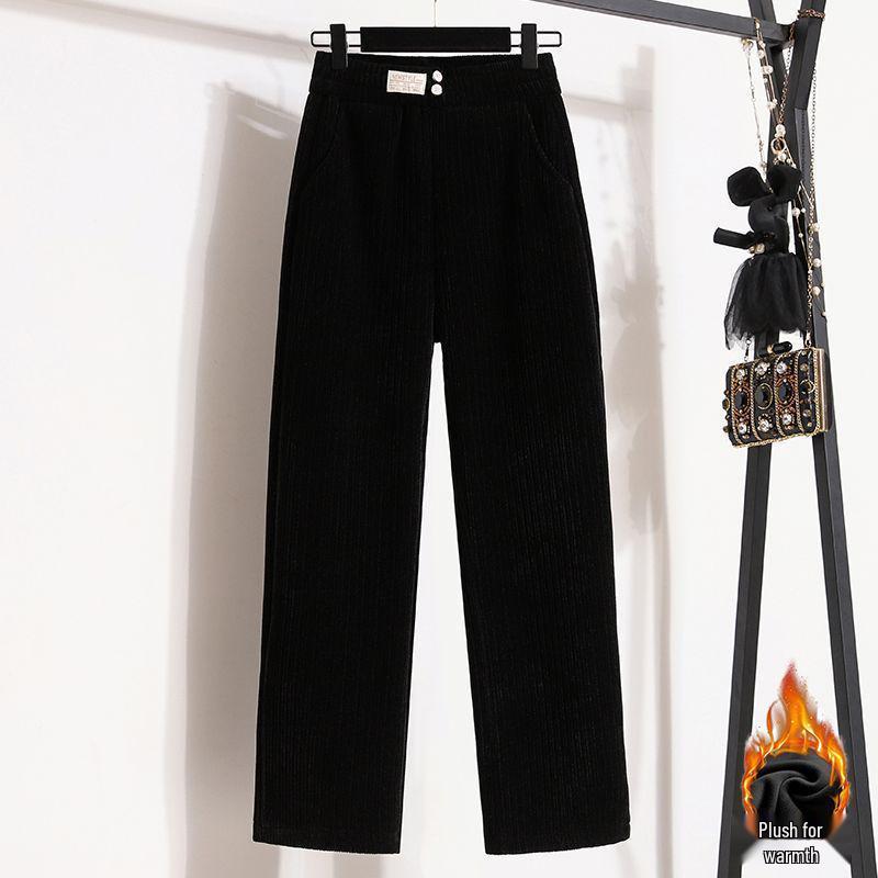 Petite Chenille Wide Leg Fleece-Lined Pants - Autumn/Winter High-Waisted Casual Trousers