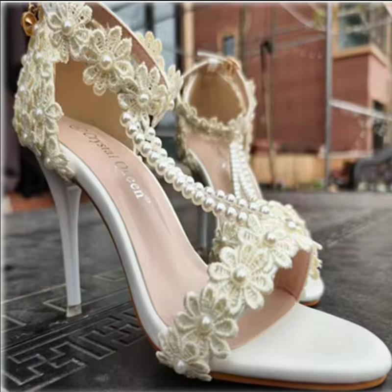 

KNCOKAR 2025 Crystal Queen Women Sandals Flowers Pearl Stilettos Bridal 9cm Evening Party High Heels Bridal Pumps Wedding Shoes 34 бежевый