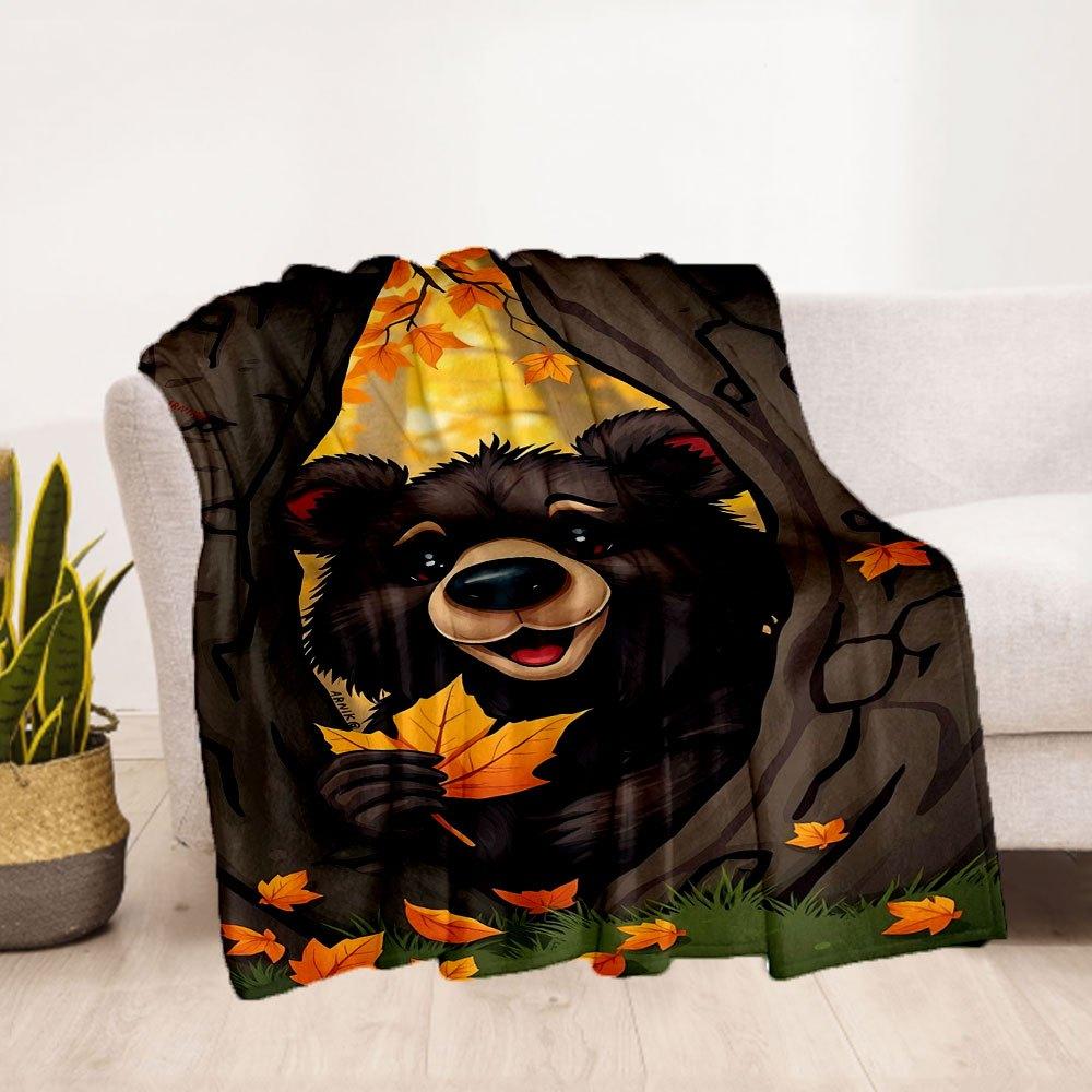 Autumn Bear Wall Art PrintBlanket Flannel Throw Blanket for Sofa, Bed, Travel, Camping, Office