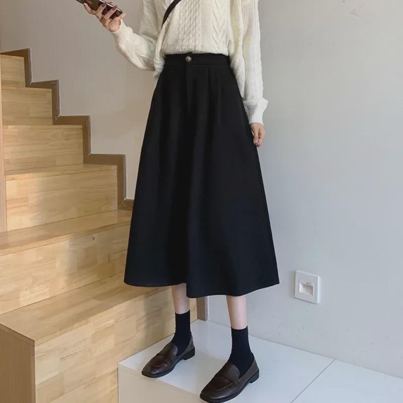 Women's Brown High-Waist A-Line Skirt: Thick, Slimming, Hip-Covering Medium-Length for Autumn and Winter