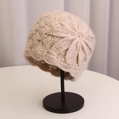 Women's Japanese Style Crochet Beanie with Flower Earflaps and Lace Trim