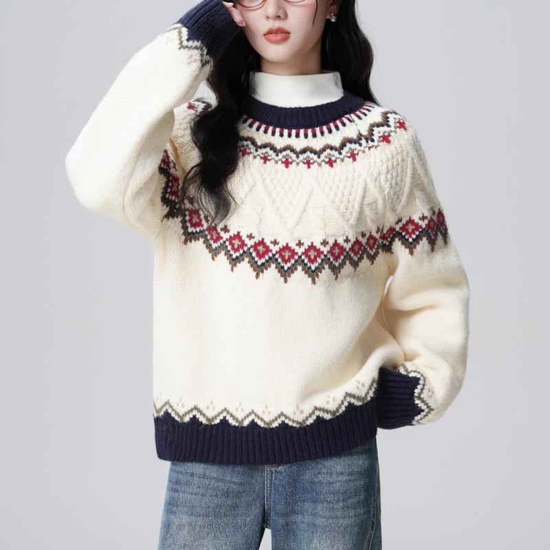 Women's Off-White Fair Isle Jacquard Sweater - Retro Knit Top for Autumn & Winter, One Size