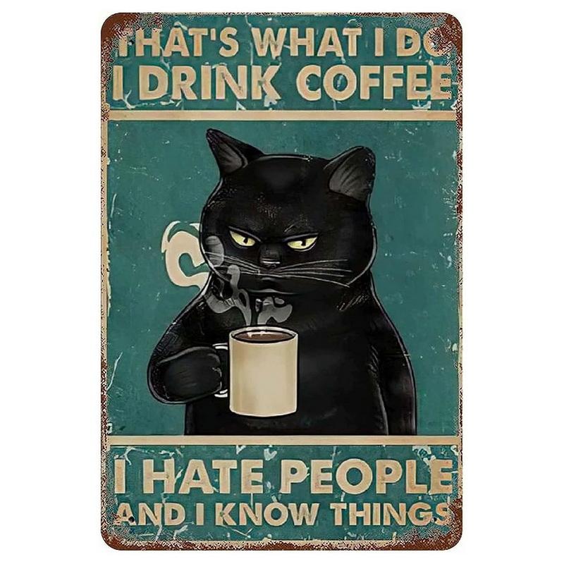 Hisun Tin Sign Vintage Funny Cat Coffee Themed Metal Tin Sign Retro Cute Kitten Wall Art Decor for Home Kitchen Cafe Bar Rustic Iron Painting P
