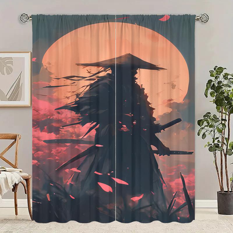2pcs- Cherry Blossom Samurai Polyester Curtains, Pole Bag Curtains 42*84, Bedroom, Living Room, Home Room Decoration