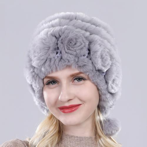 Sale Winter Women Flowers Striped Natural Real Rex Rabbit Fur Hats Lady Warm Knit Genuine Fur Caps Russian Outdoor Fur Hats