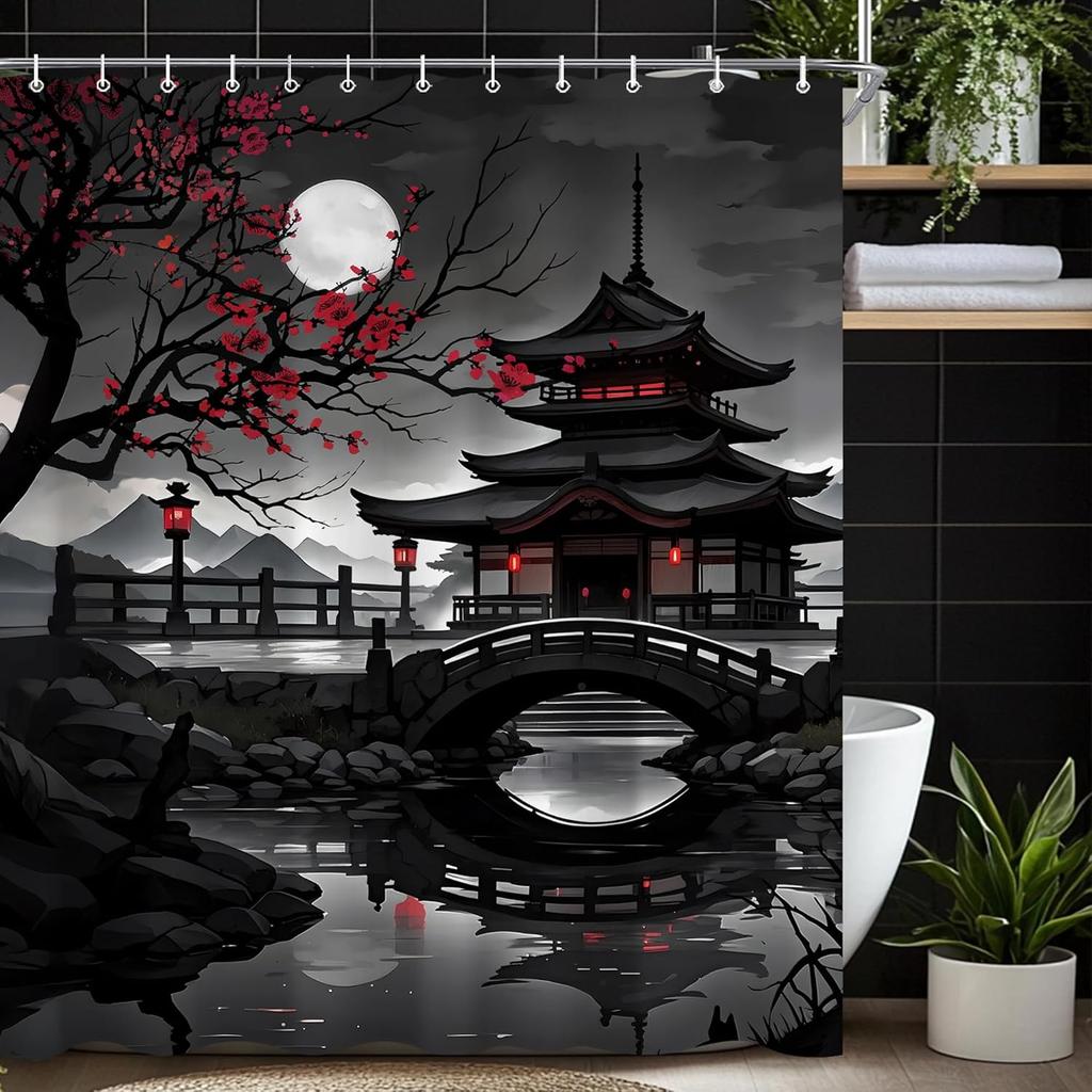 Japanische Schwarz-Rot Duschvorhang-Sets Für Badezimmer Anime Vollmond Duschvorhang Kirschblüten-Tempel Badewannen-Vorhang Rot