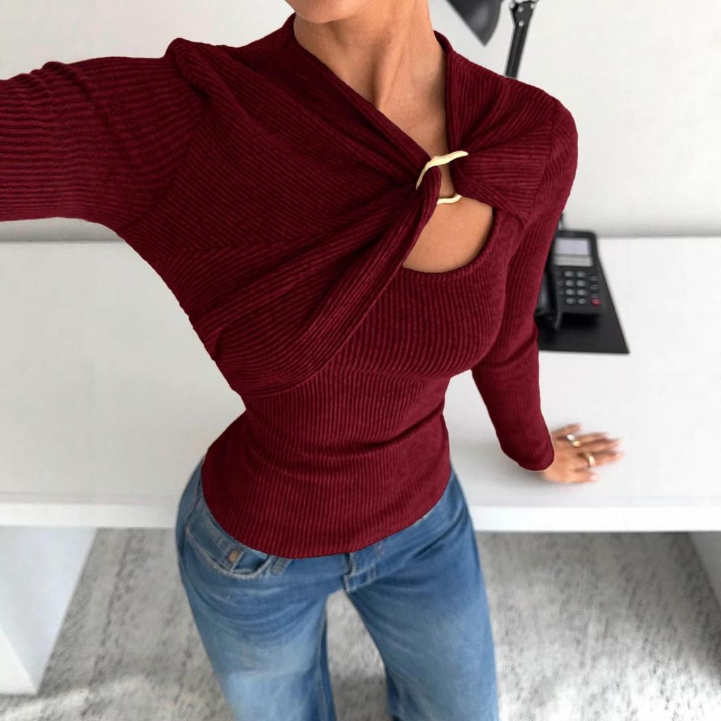 European-American Soft Asymmetrical Long Sleeve T-shirt with Hollow Metal Buckle for Women - Spring/Summer