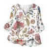 Women Floral Print Henley Button Neck Shirt Three Quarter Sleeve Cotton Linen Blouse Casual Loose Fit Top