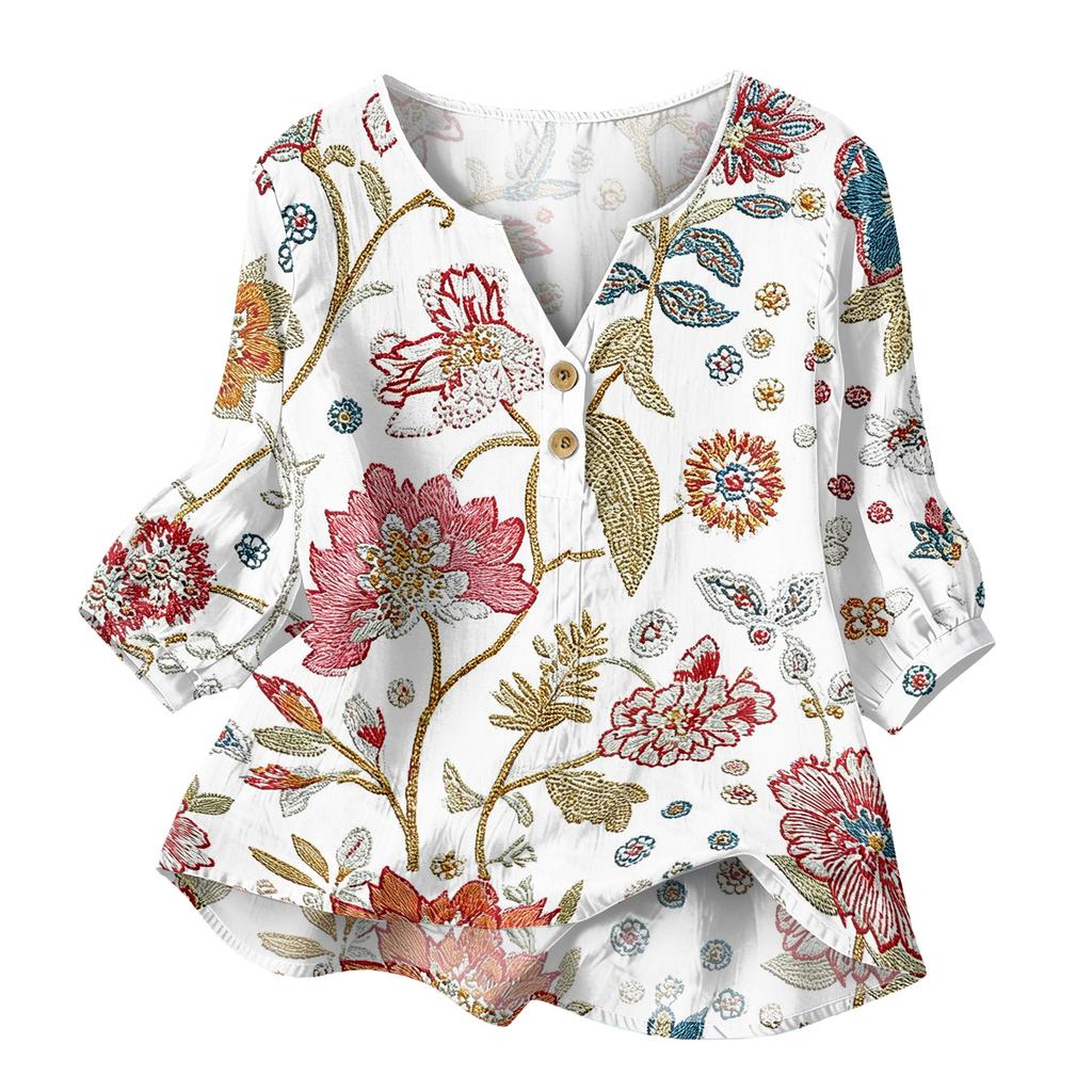 Women Floral Print Henley Button Neck Shirt Three Quarter Sleeve Cotton Linen Blouse Casual Loose Fit Top