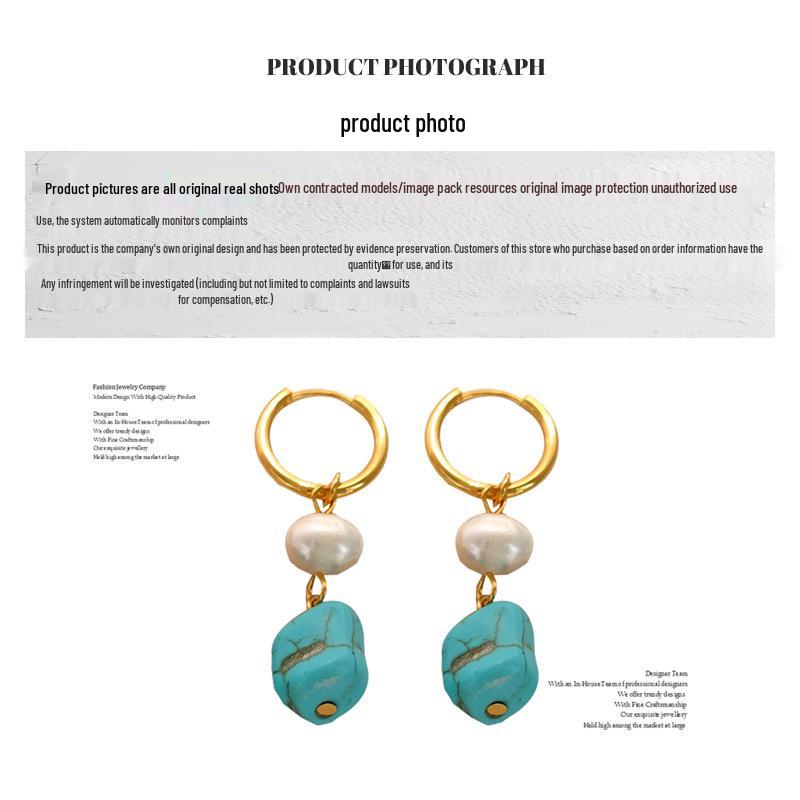 High-End Irregular Blue Turquoise and Cultured Pearl Ear Cuffs - Fashionable Temperament Jewelry