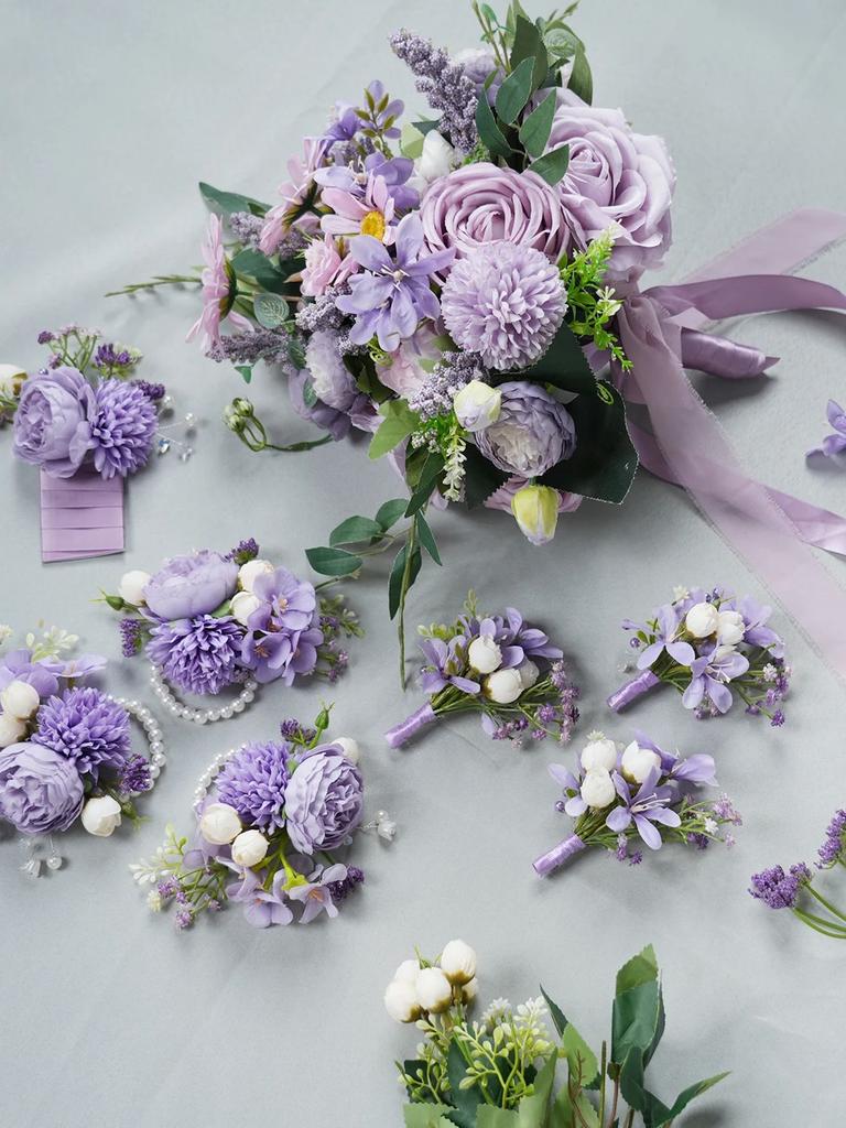 8PCS Purple Artificial Wedding Flowers Set Bridal Bouquet Boutonnieres Corsage for Wedding Ceremony Anniversary Prom Decor